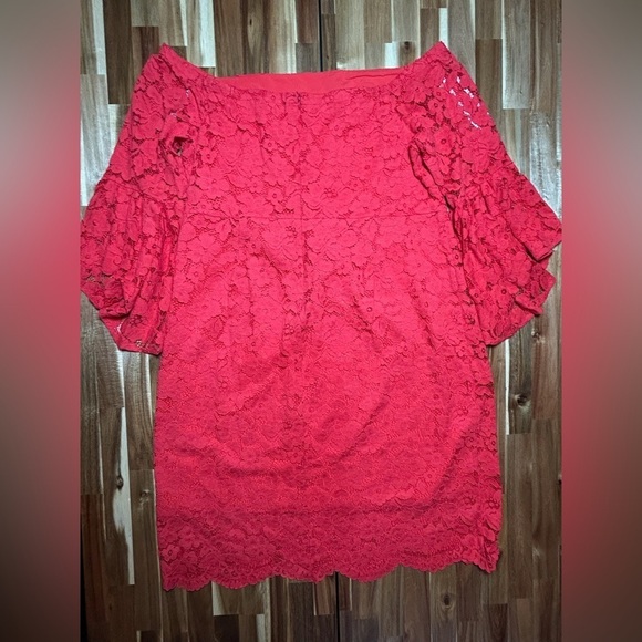 Eloquii Red Lace Fitted Shift Dress Off the Shoulder Bell Flare Sleeves Size 18 - Picture 3 of 9